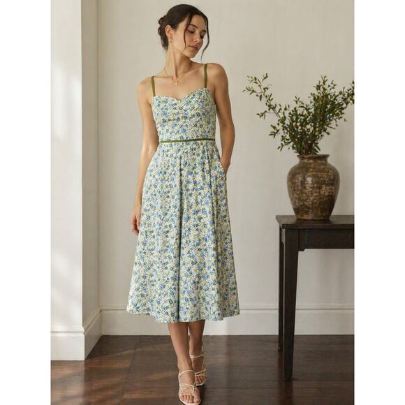 Anthropologie Dresses & Skirts - Anthro Odille Midi Dress Size 6 White Blue Sage Coquette Garden Wedding Cotton